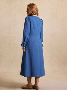 Écloséra Curve Plus Size Women's French Elegant Minimalist Jacquard Striped Cuff Ruffle Single-Breasted A-Line Dress Casual Brunch Party Light Blue Fall - Blue - View 2