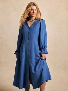 Écloséra Curve Plus Size Women's French Elegant Minimalist Jacquard Striped Cuff Ruffle Single-Breasted A-Line Dress Casual Brunch Party Light Blue Fall - Blue - View 4