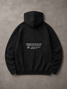 SUMWON American Muscle Oversized Pullover Hoodie With Upper Back Graphic Text Print And Centre Pocket Fall Winter Essential - Black - View 2