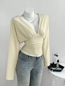 Elamini Women's Solid Color Deep V-Neck Pleated Casual Versatile Daily Wear T-Shirt - Apricot - View 4