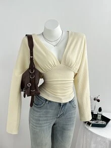 Elamini Women's Solid Color Deep V-Neck Pleated Casual Versatile Daily Wear T-Shirt - Apricot - View 5