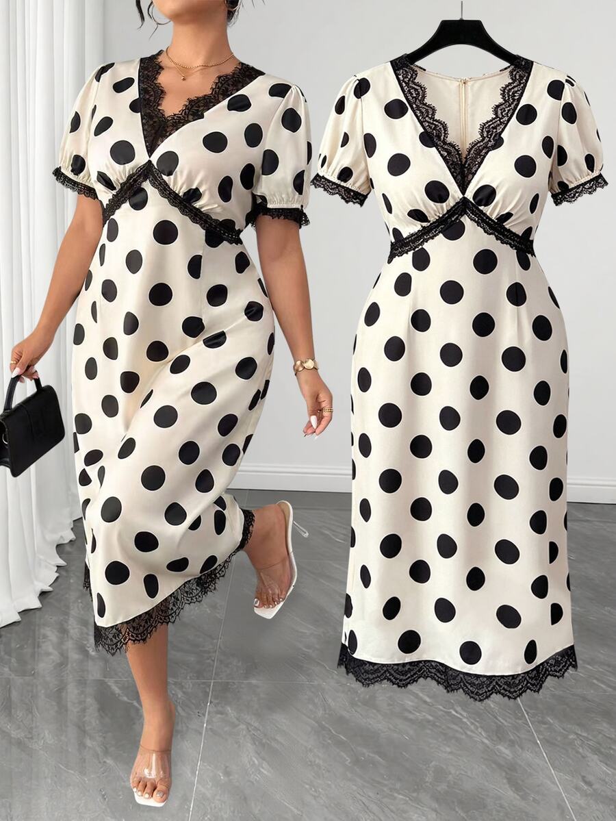 SHEIN LUNE CURVE Plus Size Elegant 1950s Vintage Lace Patchwork Polka ...