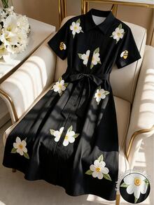 GlowEve CURVE Plus Size Women's Bestselling Elegant Fun Floral Print Straight Dress, Simple Elegant Style, Waist Tie, Suitable For Outings And Daily Commute - Multicolor - View 5