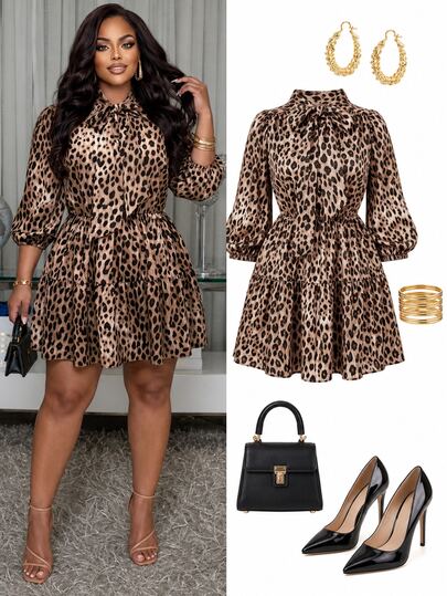 Poshavie Poshavie Plus Size Women's Leopard Print Elegant Sexy Dress, Flowy Tie-Up Tiered, Cocktail Date Night, Autumn Beige
