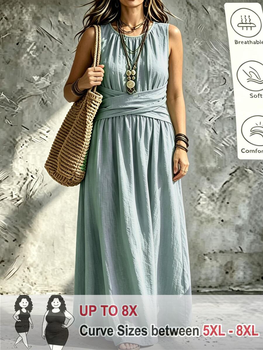 SHEIN CURVE+ فستان مقاس كبير للعطلات بخصر متقاطع مطوي برقبة مستديرة - أخضر نعناع - مشاهدة 1