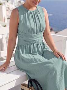 SHEIN CURVE+ فستان مقاس كبير للعطلات بخصر متقاطع مطوي برقبة مستديرة - أخضر نعناع - مشاهدة 4