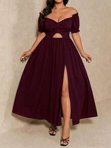 Juhart Plus Size Women Solid Color Off Shoulder Criss-Cross Cutout High Slit Summer Minimalist Elegant Vacation Date Dress - Red Violet - View 4