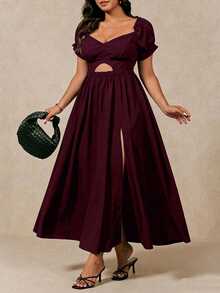 Juhart Plus Size Women Solid Color Off Shoulder Criss-Cross Cutout High Slit Summer Minimalist Elegant Vacation Date Dress - Red Violet - View 7