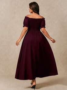 Juhart Plus Size Women Solid Color Off Shoulder Criss-Cross Cutout High Slit Summer Minimalist Elegant Vacation Date Dress - Red Violet - View 2