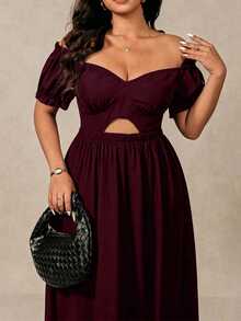 Juhart Plus Size Women Solid Color Off Shoulder Criss-Cross Cutout High Slit Summer Minimalist Elegant Vacation Date Dress - Red Violet - View 6