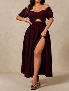 Juhart Plus Size Women Solid Color Off Shoulder Criss-Cross Cutout High Slit Summer Minimalist Elegant Vacation Date Dress - Red Violet - View 3
