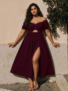 Juhart Plus Size Women Solid Color Off Shoulder Criss-Cross Cutout High Slit Summer Minimalist Elegant Vacation Date Dress - Red Violet - View 1