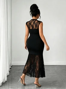 SHEIN PETITE CURVE Robe à fronces latérales en dentelle contrastée grande taille - Noir - Voir 2
