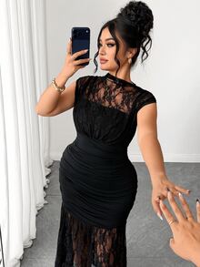 SHEIN PETITE CURVE Robe à fronces latérales en dentelle contrastée grande taille - Noir - Voir 6