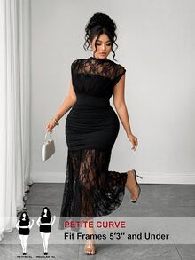 SHEIN PETITE CURVE Robe à fronces latérales en dentelle contrastée grande taille - Noir - Voir 1