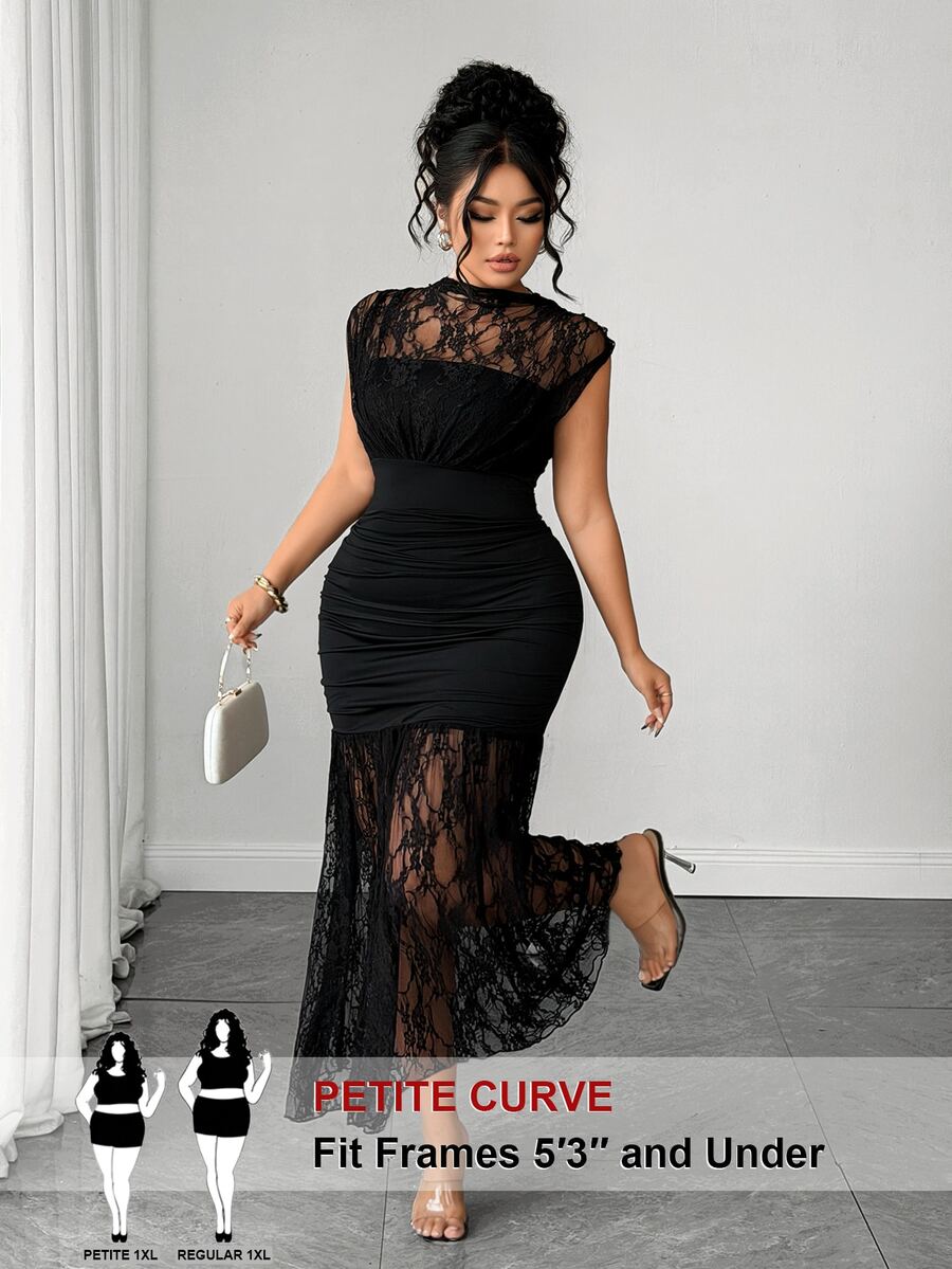 SHEIN PETITE CURVE Robe à fronces latérales en dentelle contrastée grande taille - Noir - Voir 1