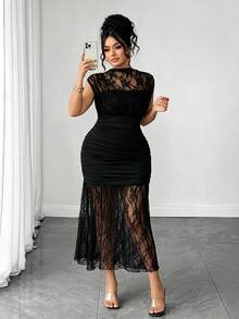 SHEIN PETITE CURVE Robe à fronces latérales en dentelle contrastée grande taille - Noir - Voir 4