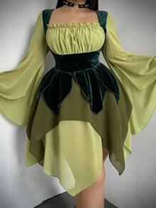 Whyspr Plus Size Fashion Elegant Colorblock Patchwork Bell Sleeve Asymmetrical Hem Dress Fall - Green - View 5