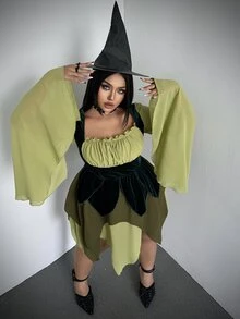 Whyspr Plus Size Fashion Elegant Colorblock Patchwork Bell Sleeve Asymmetrical Hem Dress Fall - Green - View 3