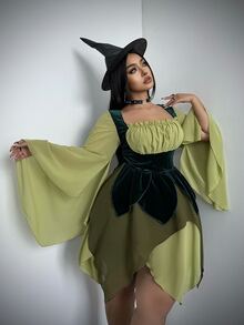 Whyspr Plus Size Fashion Elegant Colorblock Patchwork Bell Sleeve Asymmetrical Hem Dress Fall - Green - View 1
