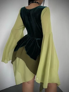 Whyspr Plus Size Fashion Elegant Colorblock Patchwork Bell Sleeve Asymmetrical Hem Dress Fall - Green - View 2