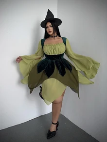 Whyspr Plus Size Fashion Elegant Colorblock Patchwork Bell Sleeve Asymmetrical Hem Dress Fall - Green - View 4