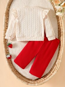 SHEIN 2件組新生兒春秋款粉色與奶油色甜美溫柔風 3D花卉裝飾麻花針織荷葉邊長袖開襟衫與配套花卉裝飾直筒褲套裝 寬鬆休閒版型 適合日常外出、戶外散步、1歲生日拍照、家庭聚會與短途旅行 - 紅色 - 查看 2