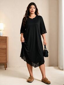 Edennvi Plus Size Women's Elegant Casual Round Neck Mid-Sleeve Lace Patchwork Straight A-Line Dress Slimming Minimalist Formal T-Shirt Dress Black Summer - Black - View 5