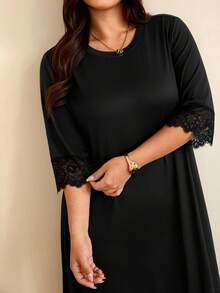 Edennvi Plus Size Women's Elegant Casual Round Neck Mid-Sleeve Lace Patchwork Straight A-Line Dress Slimming Minimalist Formal T-Shirt Dress Black Summer - Black - View 6