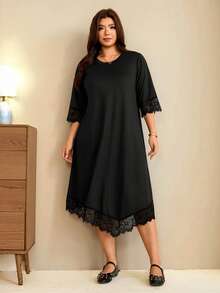 Edennvi Plus Size Women's Elegant Casual Round Neck Mid-Sleeve Lace Patchwork Straight A-Line Dress Slimming Minimalist Formal T-Shirt Dress Black Summer - Black - View 7