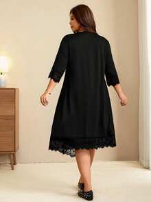 Edennvi Plus Size Women's Elegant Casual Round Neck Mid-Sleeve Lace Patchwork Straight A-Line Dress Slimming Minimalist Formal T-Shirt Dress Black Summer - Black - View 2