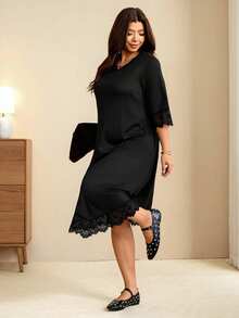 Edennvi Plus Size Women's Elegant Casual Round Neck Mid-Sleeve Lace Patchwork Straight A-Line Dress Slimming Minimalist Formal T-Shirt Dress Black Summer - Black - View 4