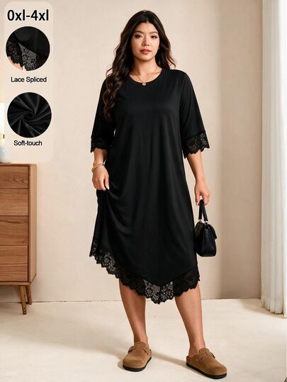 Edennvi Plus Size Women's Best-Selling Elegant Comfortable Round Neck Mid-Sleeve Lace Patchwork Design Straight A-Line Dress, Slimming Minimalist Fit, Suitable For Daily Wear, Commuting, Dating, Party, Slimming T-Shirt Dress