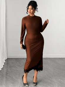 Elenzga Plus Size Women Elegant Daily Outing Commute Office Lace Asymmetrical Hem Long Sleeve Satin Fabric Mid-Length Dress Fall - Brown - View 6