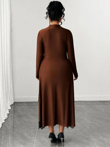Elenzga Plus Size Women Elegant Daily Outing Commute Office Lace Asymmetrical Hem Long Sleeve Satin Fabric Mid-Length Dress Fall - Brown - View 2