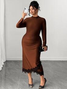 Elenzga Plus Size Women Elegant Daily Outing Commute Office Lace Asymmetrical Hem Long Sleeve Satin Fabric Mid-Length Dress Fall - Brown - View 4