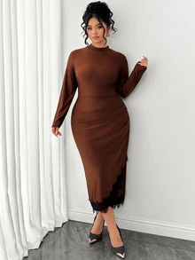 Elenzga Plus Size Women Elegant Daily Outing Commute Office Lace Asymmetrical Hem Long Sleeve Satin Fabric Mid-Length Dress Fall - Brown - View 1