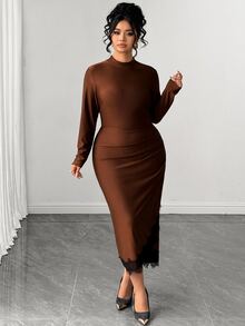 Elenzga Plus Size Women Elegant Daily Outing Commute Office Lace Asymmetrical Hem Long Sleeve Satin Fabric Mid-Length Dress Fall - Brown - View 5