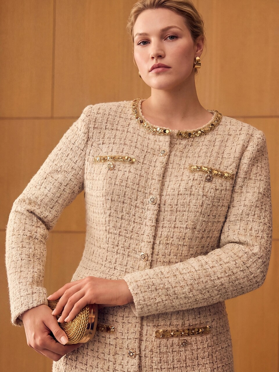 MOTF PLUS SIZE WOMEN'S FRENCH VINTAGE PLAID TWEED PATCHWORK SEQUIN LONG SLEEVE DRESS