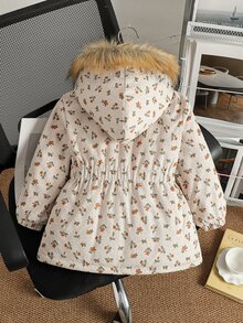 SHEIN 少女花卉連帽冬季外套，波希米亞風，秋季、冬季、假期、學校、度假、圖案夾克 - 杏色 - 查看 6