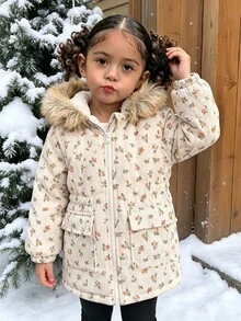SHEIN 少女花卉連帽冬季外套，波希米亞風，秋季、冬季、假期、學校、度假、圖案夾克 - 杏色 - 查看 5