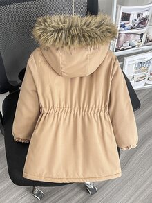 SHEIN Elladie kids 女童中長版收腰連帽加厚棉襖外套，保暖內裡、厚填充、鈕扣開襟、大毛領、修身版型 - 卡其色 - 查看 2