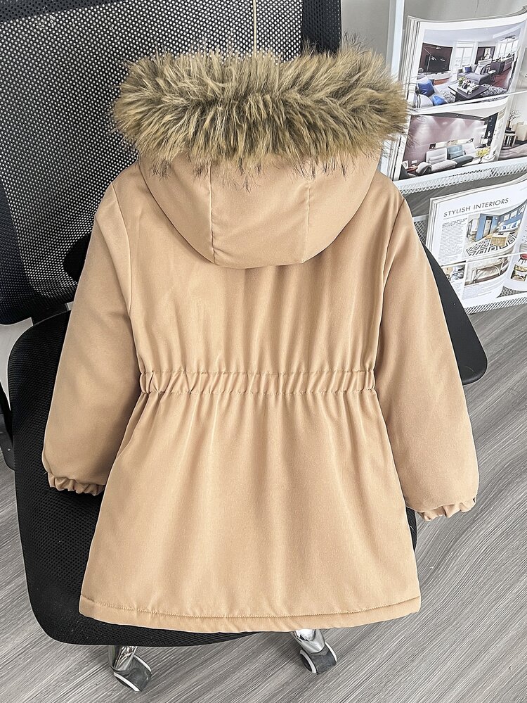 SHEIN Elladie kids Young Girls Mid-Length Cinched Waist Hooded Padded Coat With Thermal Lining, Thick Padding, Button Closure, Large Fur Collar, Snug Fit Fit - Khaki - View 2