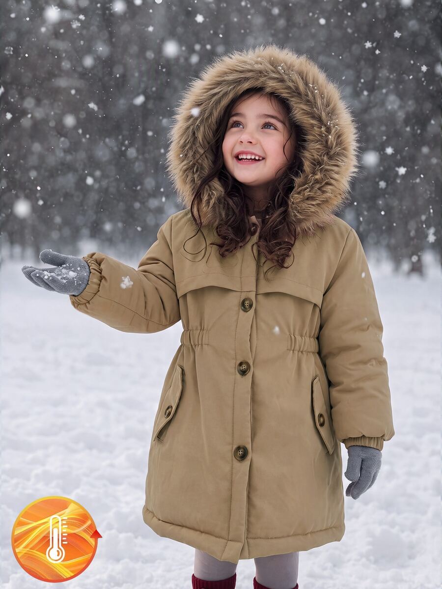 SHEIN Elladie kids 女童中長版收腰連帽加厚棉襖外套,保暖內裡、厚填充、鈕扣開襟、大毛領、修身版型 - 卡其色 - 查看 1