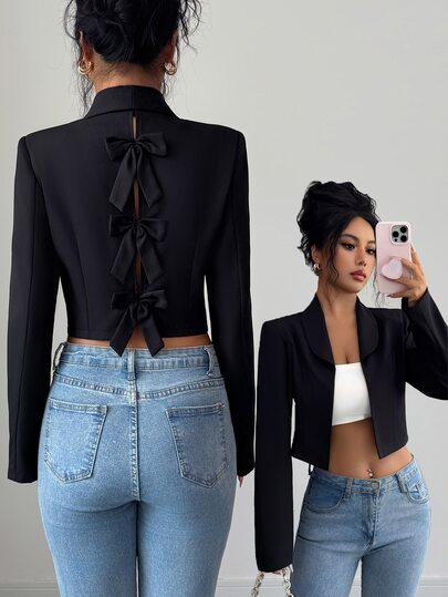 Elenzga Women's Elegant Black Blazer, Hollow Back Bow Design, Tailored Fit, Graceful And Appropriate, Suitable For Office Or Date Occasions, Spring Summer Autumn Blazer
