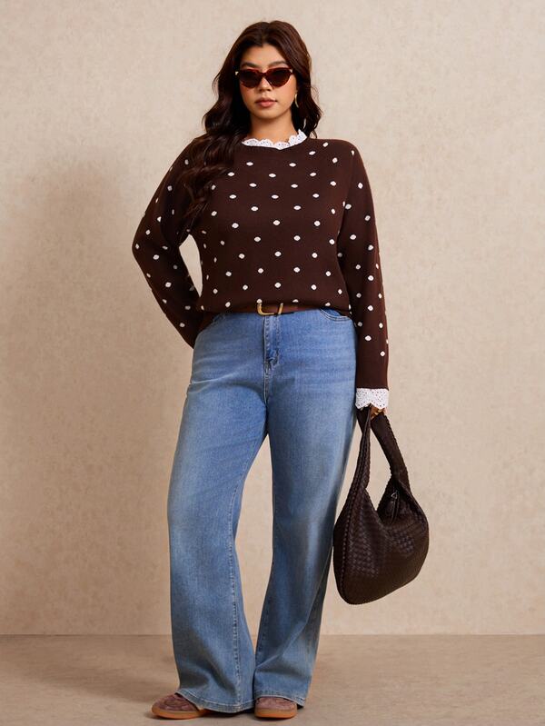 Elaquor Sweater Kasual Motif Polkadot dan Renda Ukuran Besar untuk Musim Gugur/Dingin