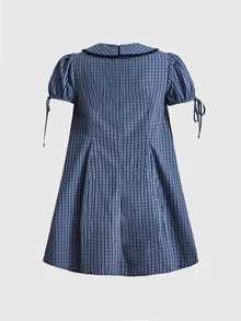 ROMWE Kawaii Japanese Style Cute Sweet French Girl Plaid Peter Pan Collar A-Line Mini Dress For Women - Navy Blue - View 2