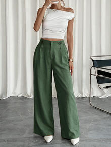 EURMUSE Women Front Two Sided Button Detailed Linen Pants - Mint Green - View 6
