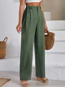 EURMUSE Women Front Two Sided Button Detailed Linen Pants - Mint Green - View 5