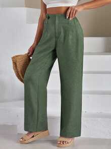 EURMUSE Women Front Two Sided Button Detailed Linen Pants - Mint Green - View 3